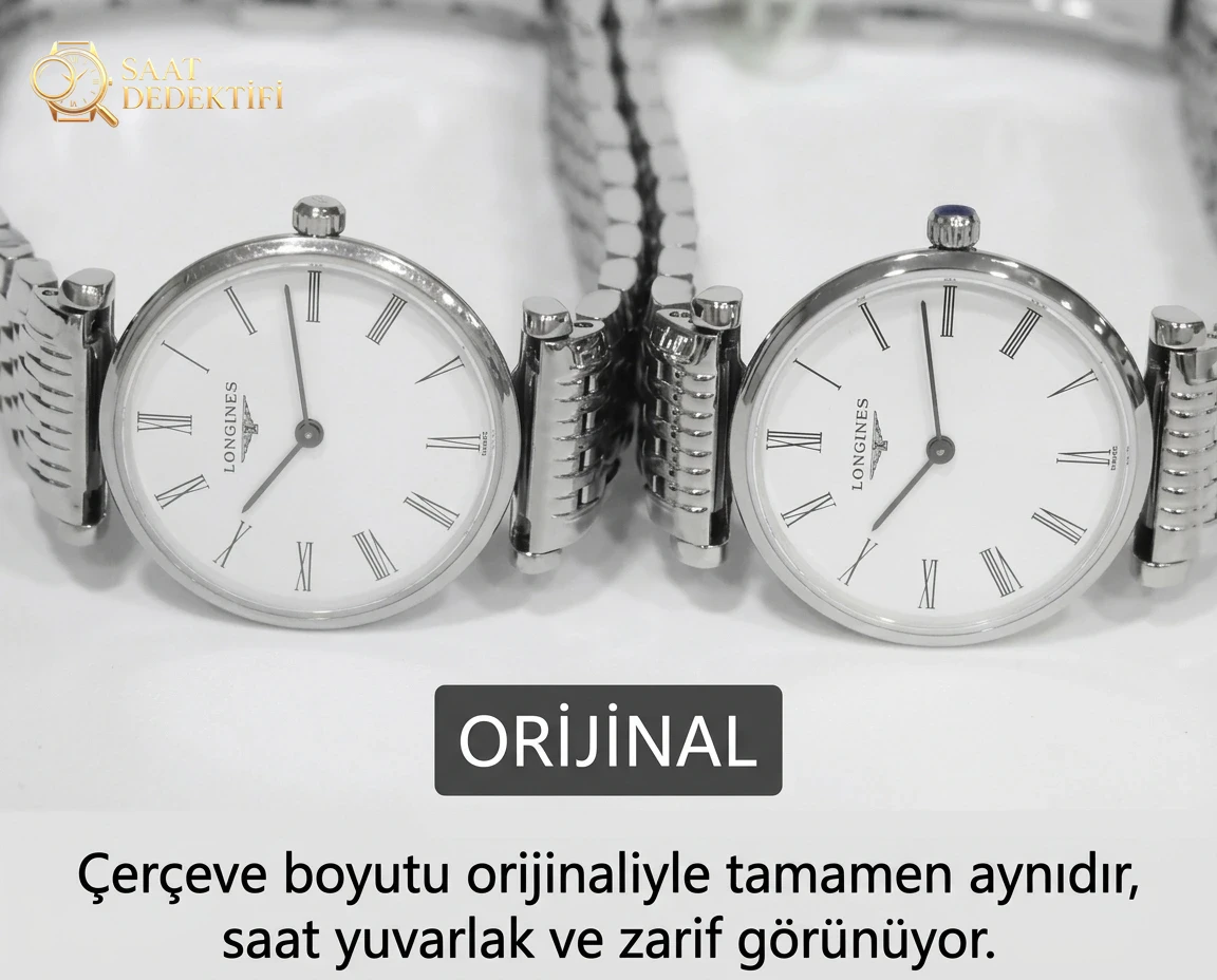 Kadın Longines Elegant serisinin orijinalle detaylı görünüm karşılaştırması - Kasa Profili ve Kurma Kolu İncelemesi