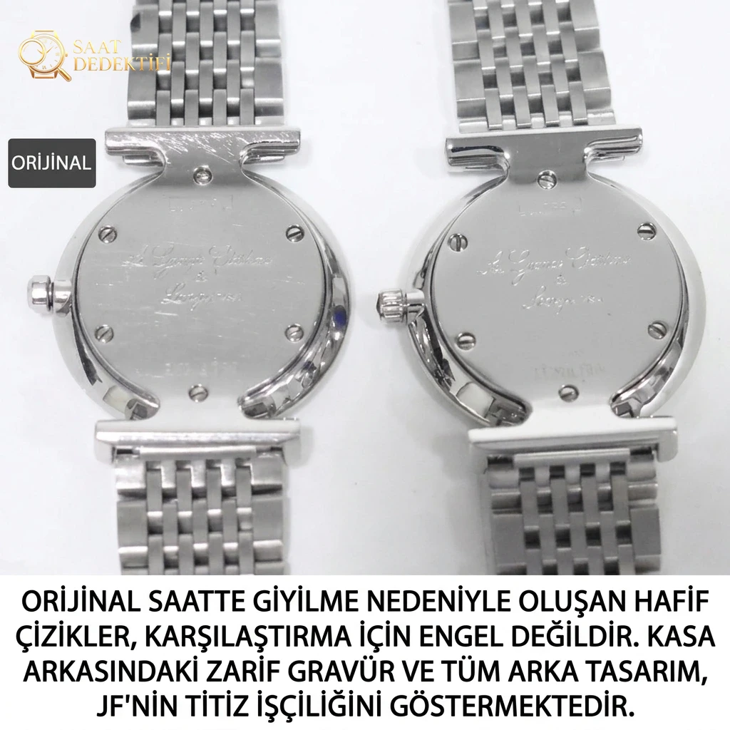 Kadın Longines Elegant serisinin orijinalle detaylı görünüm karşılaştırması - Arka Kapak ve Mekanizma Detayı
