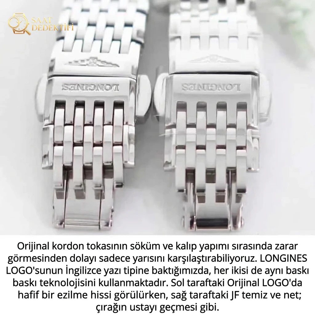 Kadın Longines Elegant serisinin orijinalle detaylı görünüm karşılaştırması - Makro Kadran ve İndeks İşçiliği