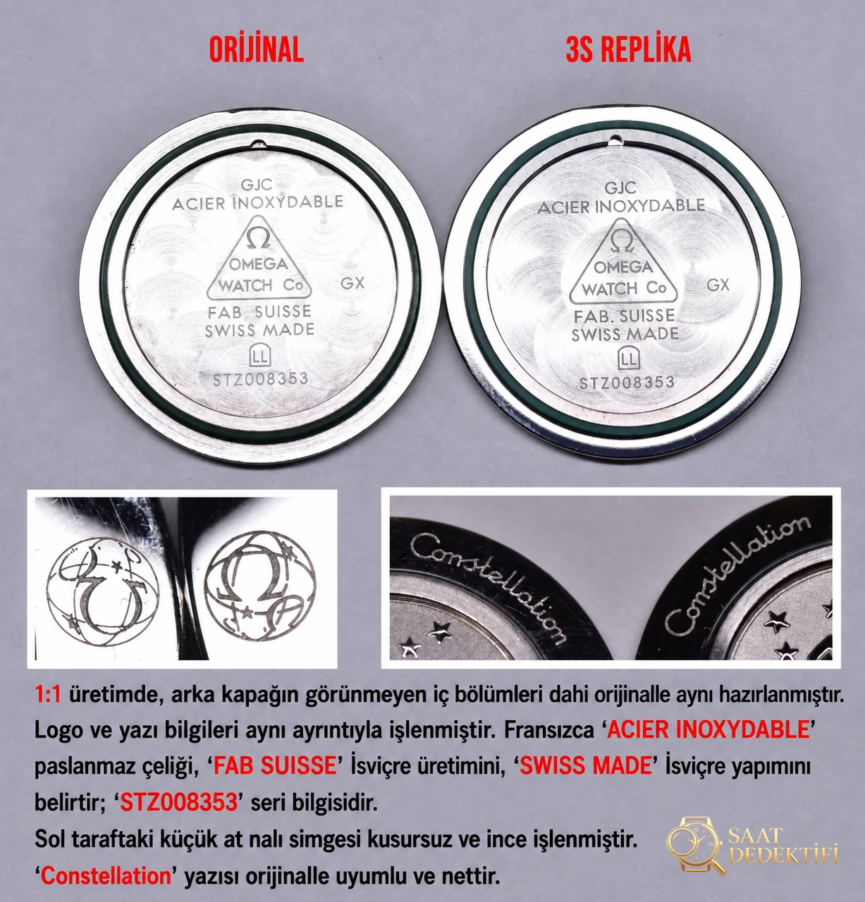 Сравнительный обзор: Женские часы 3S [28 мм] OMEGA Constellation series 131.10.28.60.55.001 со стальным браслетом - задняя крышка и деталь механизма