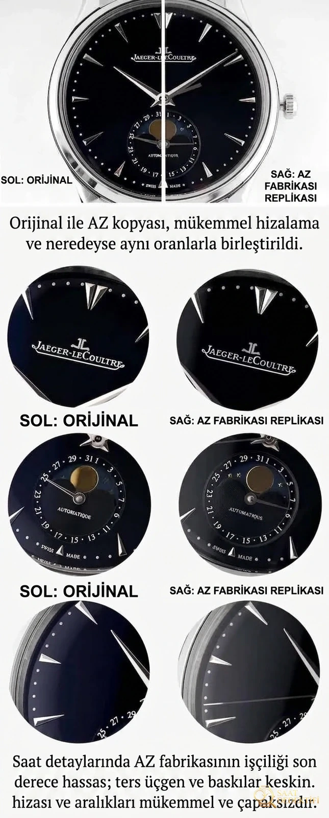 Karşılaştırmalı inceleme: AZ Factory JL Jaeger-LeCoultre Master serisi 1368470 ay evreli Master erkek deri kayışlı kol saati - Kasa Profili ve Kurma Kolu İncelemesi