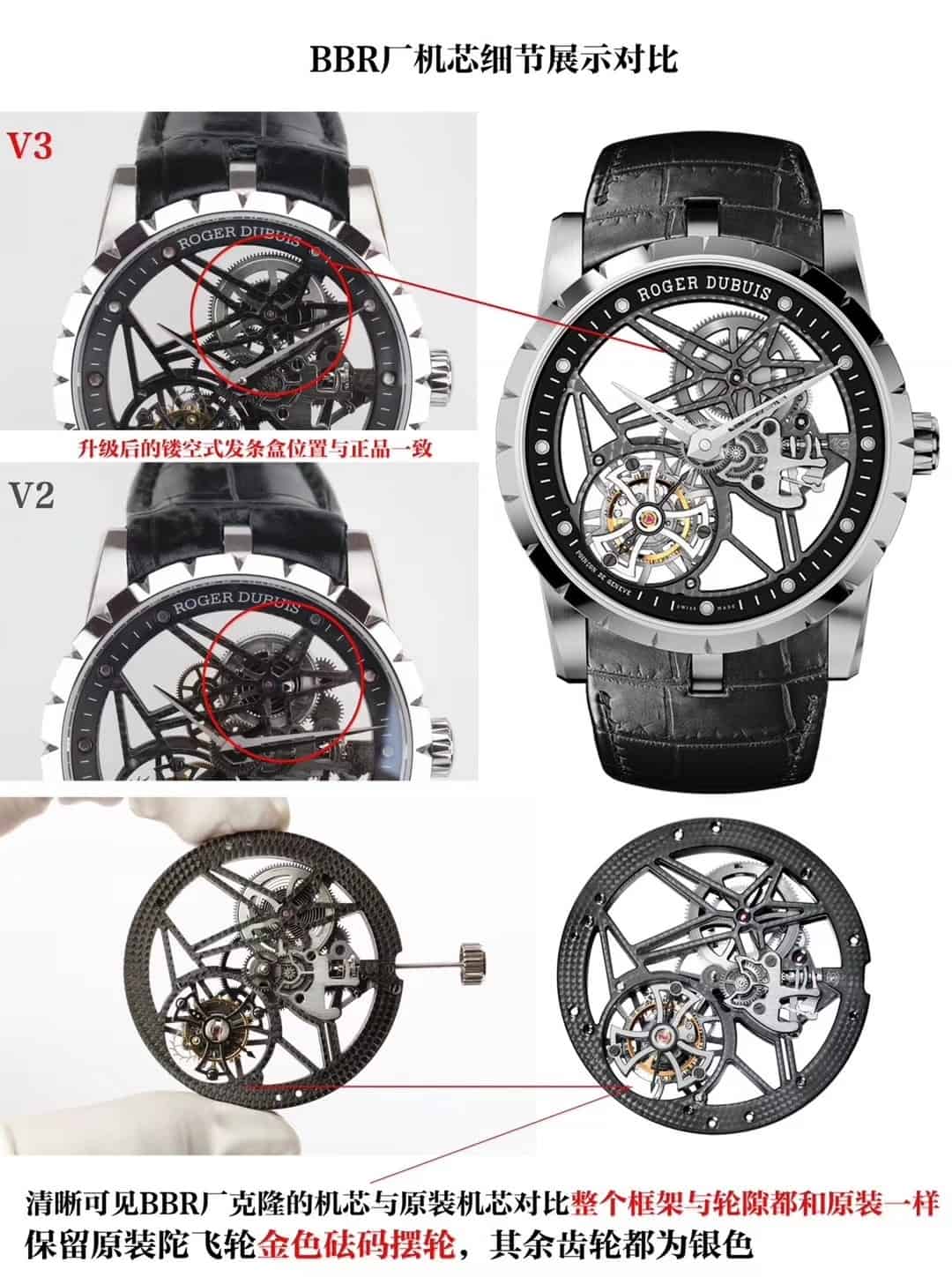 Karşılaştırmalı inceleme: BBR Factory V3 versiyonu Roger Dubuis Excalibur Kings serisi ultra ince iskeletli tourbillon kol saati - Model: RDDBEX0392 — 3. fotoğraf