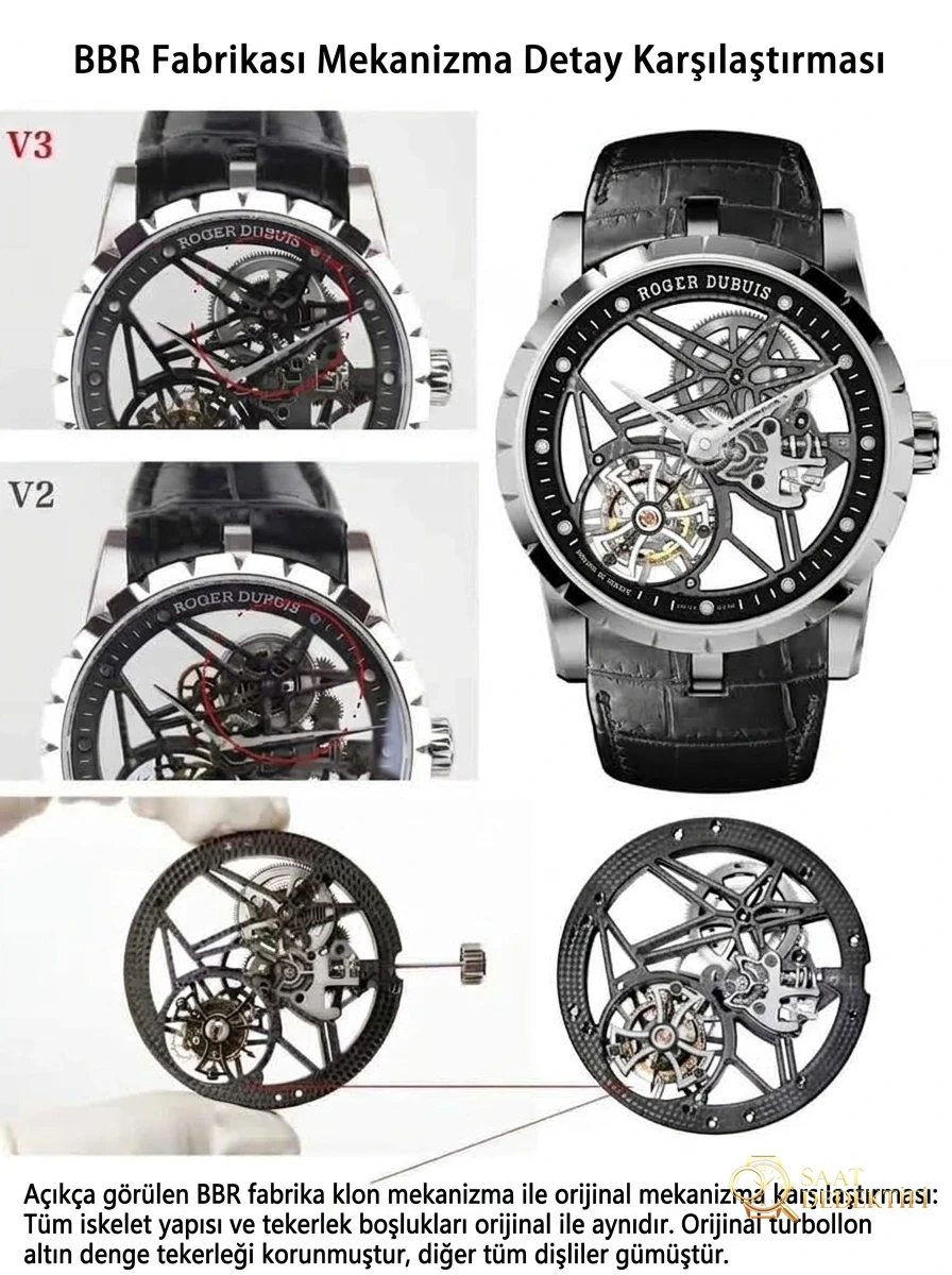 Karşılaştırmalı inceleme: BBR Factory V3 versiyonu Roger Dubuis Excalibur Kings serisi ultra ince iskeletli tourbillon kol saati - Model: RDDBEX0392 - Kasa Profili ve Kurma Kolu İncelemesi