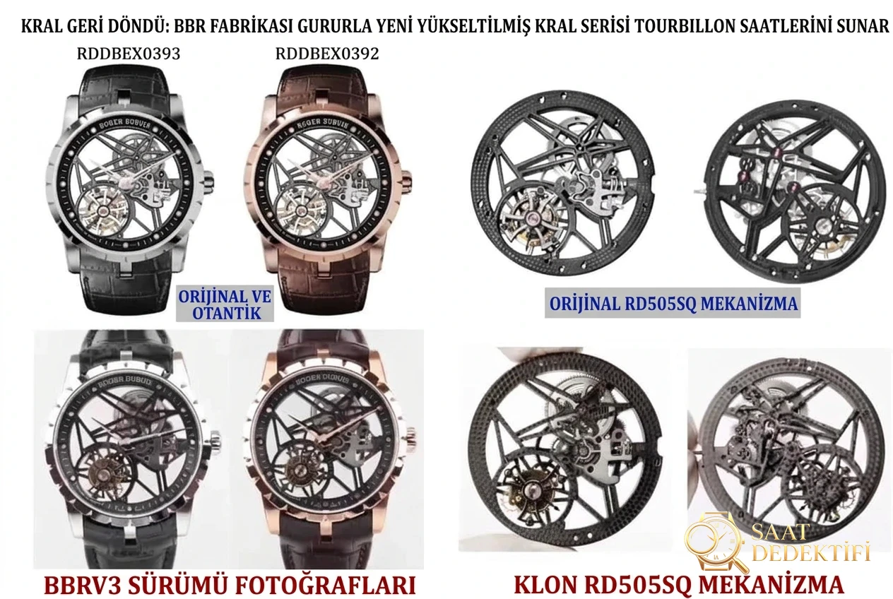 Karşılaştırmalı inceleme: BBR Factory V3 versiyonu Roger Dubuis Excalibur Kings serisi ultra ince iskeletli tourbillon kol saati - Model: RDDBEX0392 - Klips Kilidi ve Lazer Damgalar