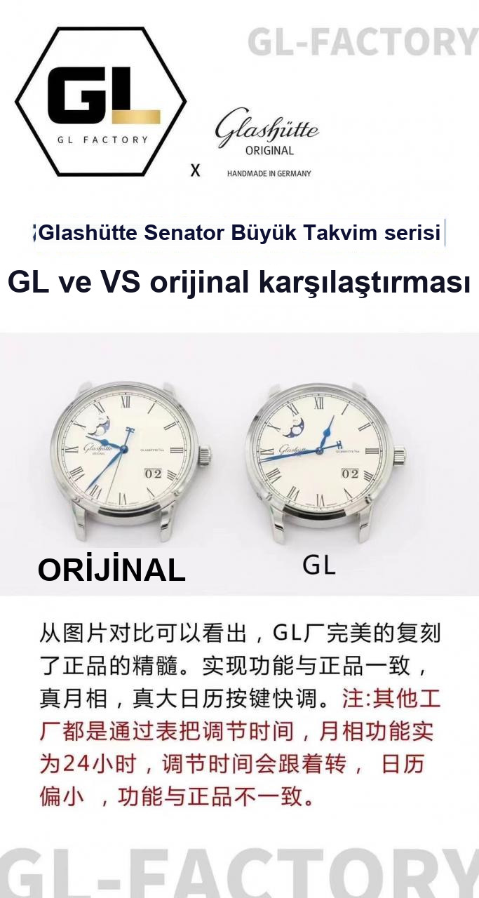 Karşılaştırmalı inceleme: GL Factory Glashütte Original Senator serisi 100-04-32-12-04 ay evreli büyük tarihli kol saati — 1. fotoğraf