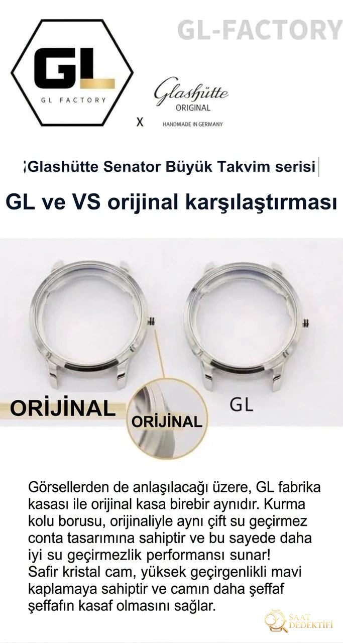 Karşılaştırmalı inceleme: GL Factory Glashütte Original Senator serisi 100-04-32-12-04 ay evreli büyük tarihli kol saati - Kadran Detayı ve Bezel İşçiliği