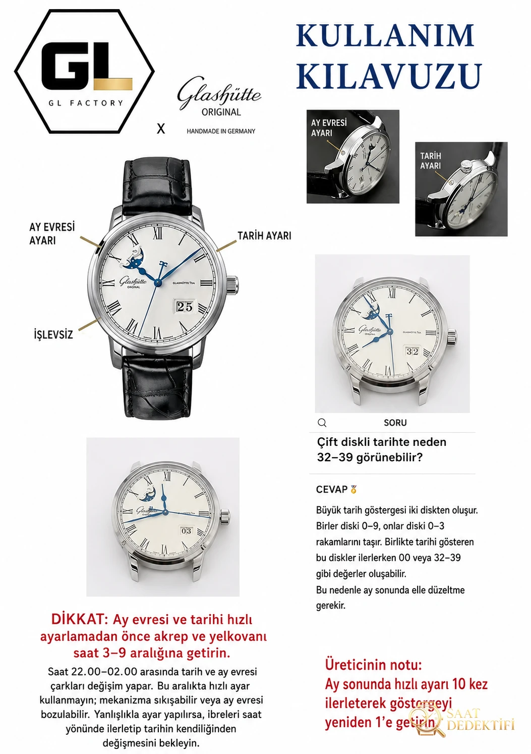 Karşılaştırmalı inceleme: GL Factory Glashütte Original Senator serisi 100-04-32-12-04 ay evreli büyük tarihli kol saati - Fosfor ve Super-LumiNova Gece Görünümü