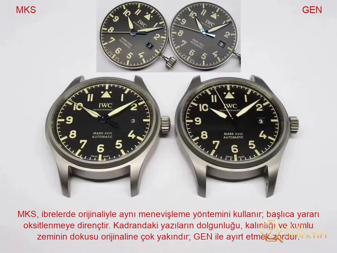 Karşılaştırmalı inceleme: MKS Factory IWC Pilot Mark XVIII IW327006 titanyum kasa kol saati - Kadran Detayı ve Bezel İşçiliği