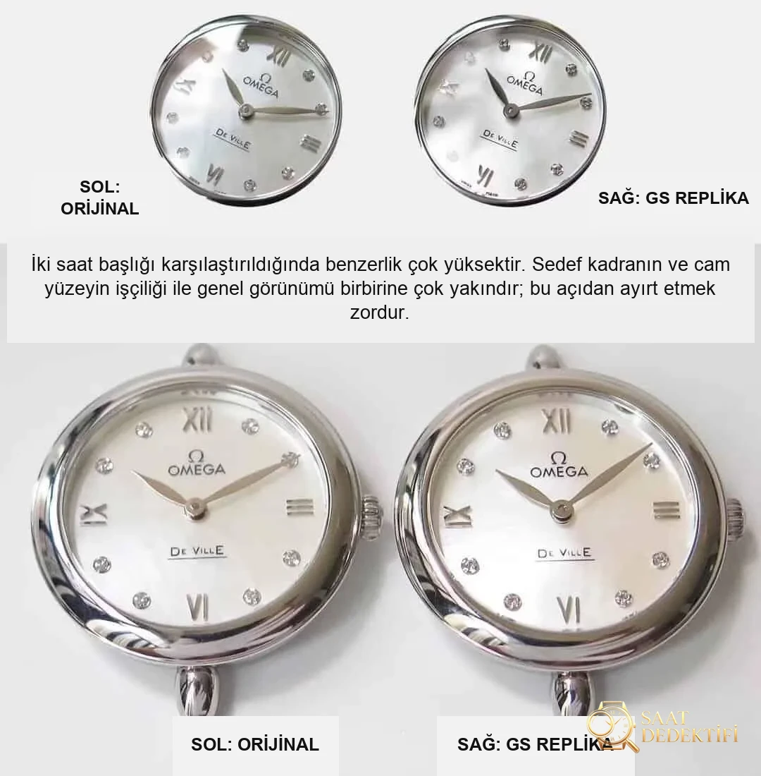 Karşılaştırmalı inceleme: OMEGA De Ville serisi 424.13.27.60.55.001 kadın deri kayışlı saat (Dewdrop) - Kadran Detayı ve Bezel İşçiliği