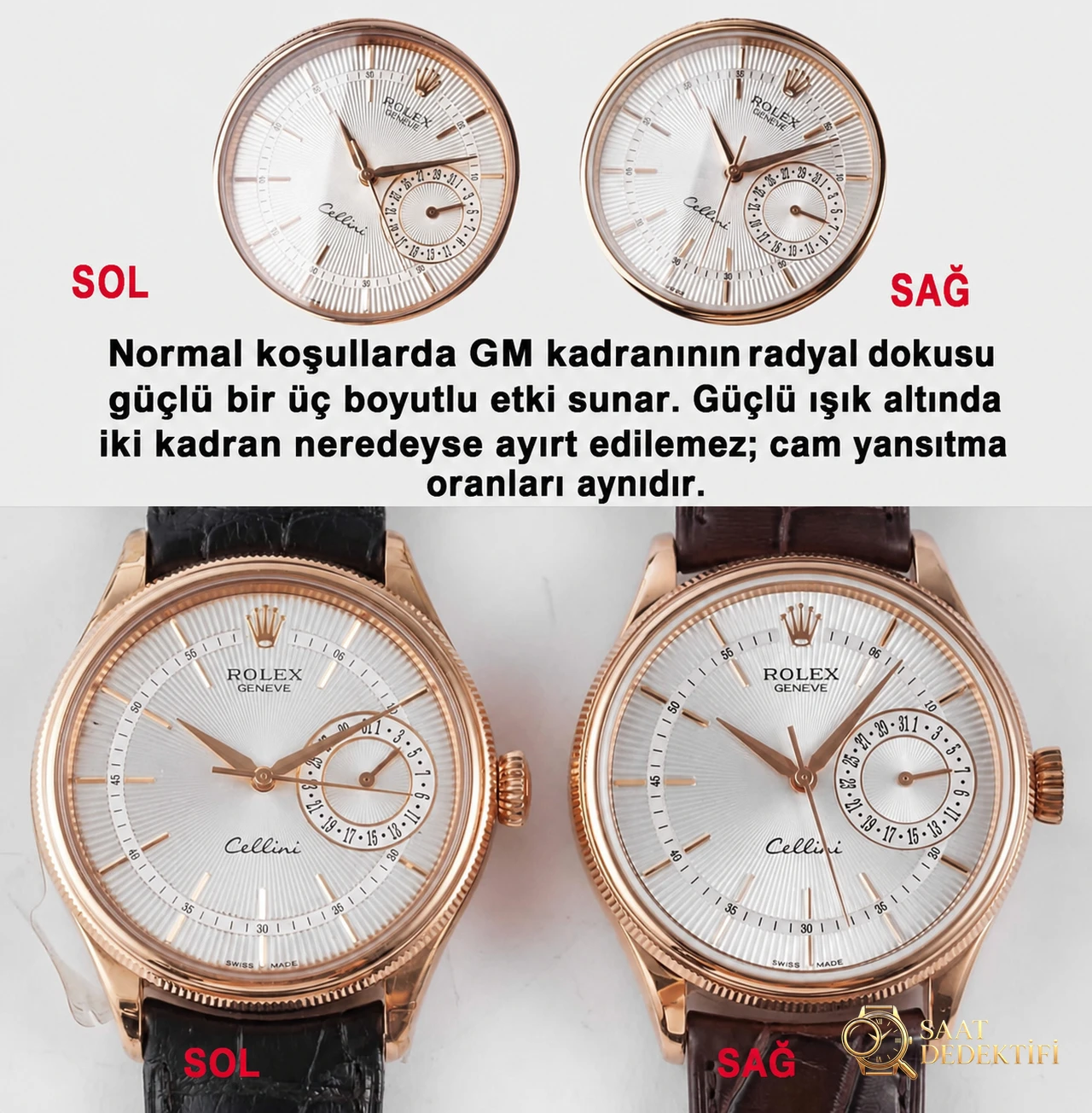 Vergleichsbewertung: Rolex Cellini-Serie m50515-0008, klassische Herrenuhr mit Kalender – Zifferblattdetails und Lünettenverarbeitung