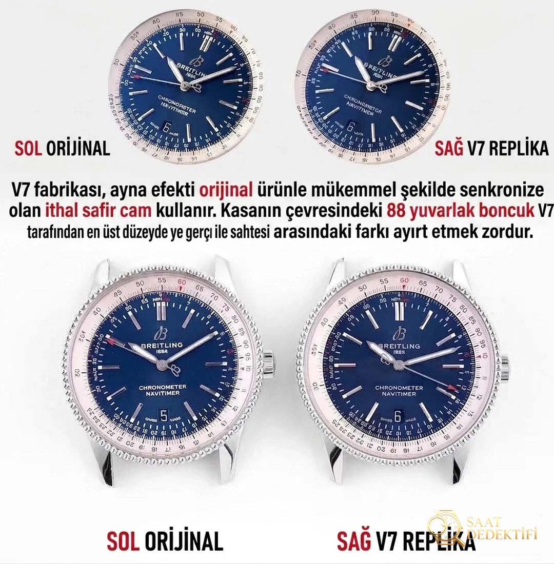 Karşılaştırmalı inceleme: V7 Factory Breitling Aviation Chronograph 1 serisi A17326211C1P3 kol saati - Kadran Detayı ve Bezel İşçiliği