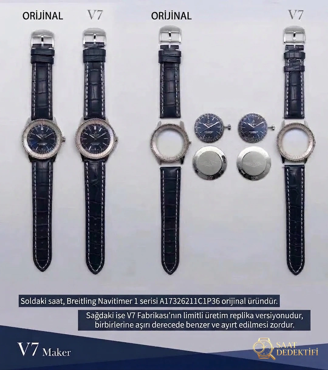 Karşılaştırmalı inceleme: V7 Factory Breitling Aviation Chronograph 1 serisi A17326211C1P3 kol saati - Mekanizma Zemberek ve Balans Detayı