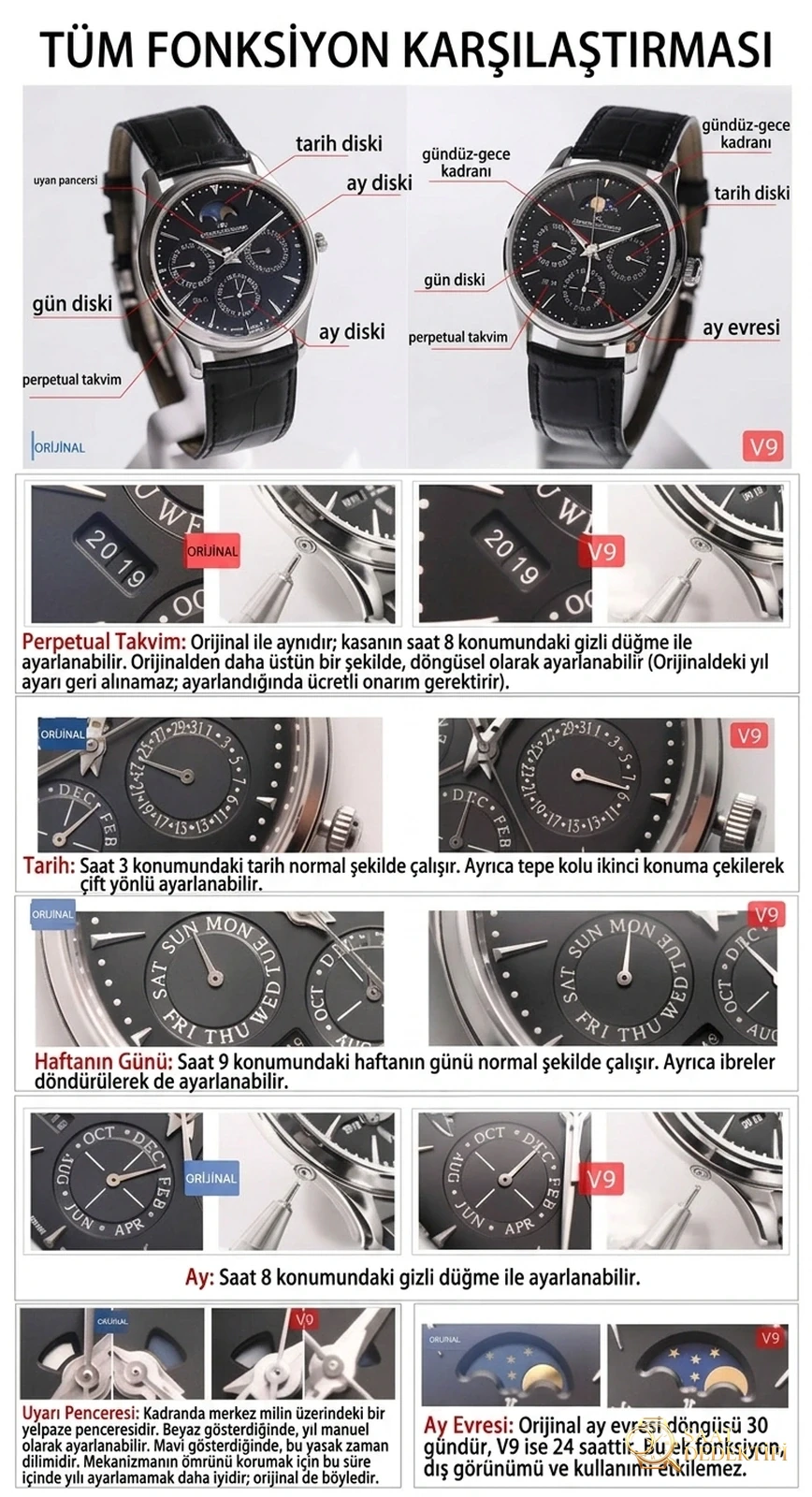 Karşılaştırmalı inceleme: V9 Factory JL Jaeger-LeCoultre Master serisi 130842J perpetual takvim kol saati - Kasa Profili ve Kurma Kolu İncelemesi