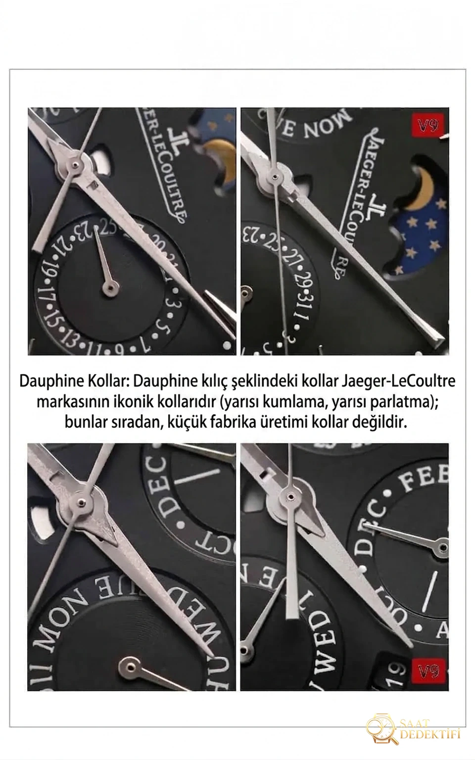 Karşılaştırmalı inceleme: V9 Factory JL Jaeger-LeCoultre Master serisi 130842J perpetual takvim kol saati - Makro Kadran ve İndeks İşçiliği