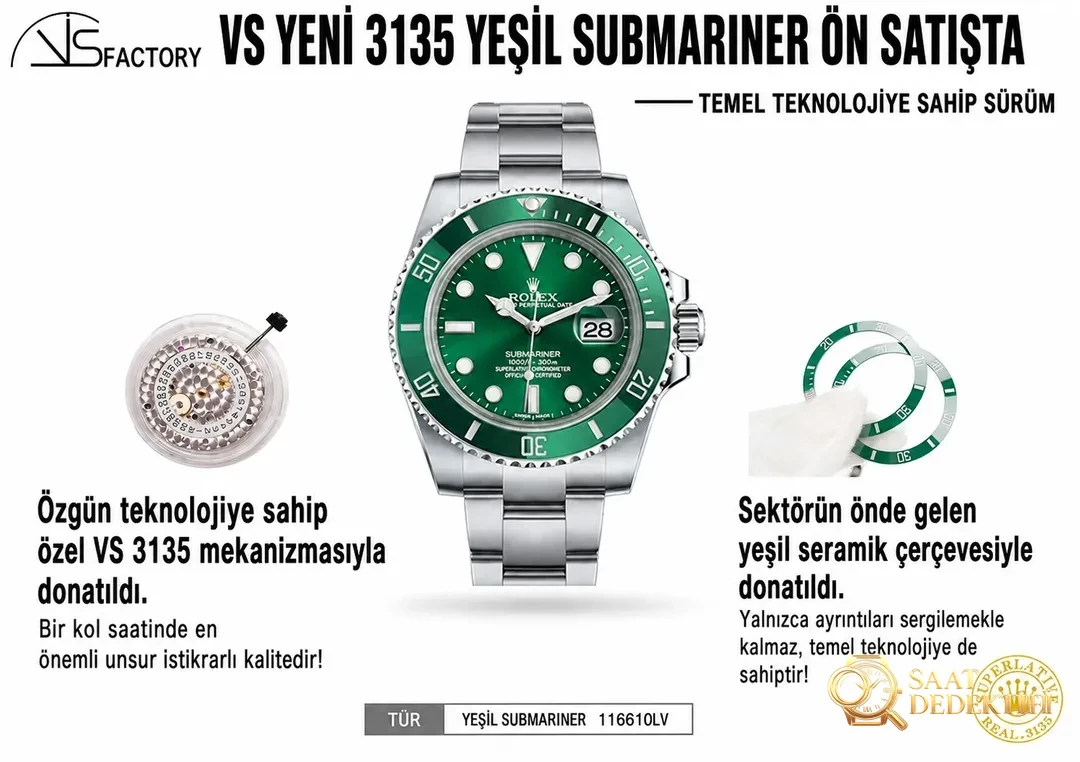Karşılaştırmalı inceleme: VS Factory [40 mm]Rolex Submariner 116610LV-97200 yeşil kadran kol saati (Green Sub) - Fosfor ve Super-LumiNova Gece Görünümü
