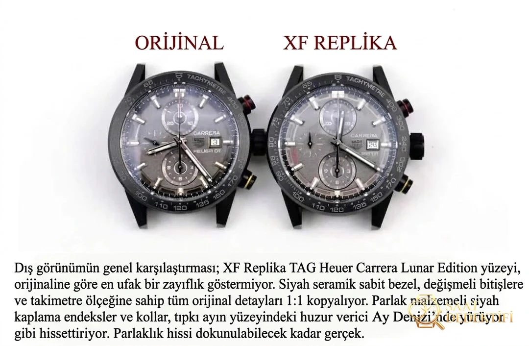 Karşılaştırmalı inceleme: XF Factory 43 mm Tag Heuer Carrera Ay Yüzeyi serisi CAR201J.FT6087 kol saati - Kadran Detayı ve Bezel İşçiliği