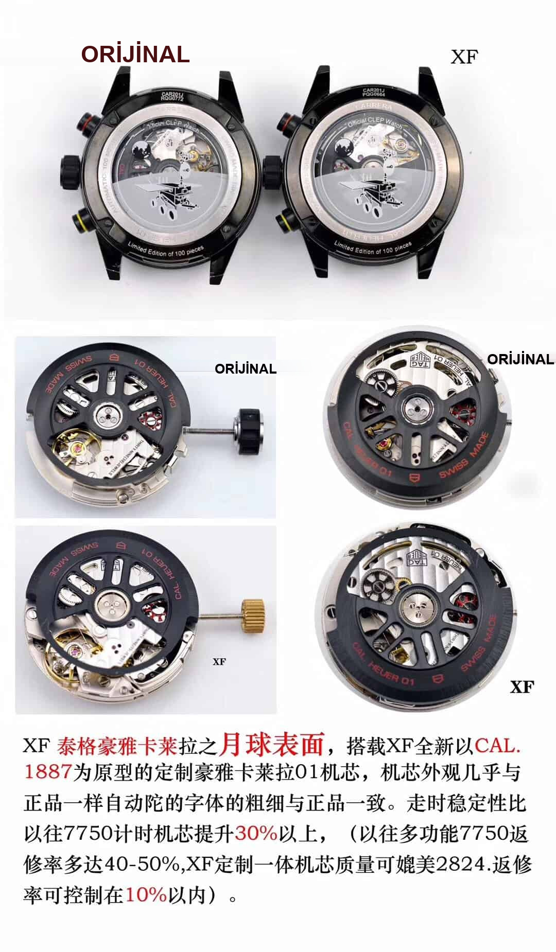 Karşılaştırmalı inceleme: XF Factory 43 mm Tag Heuer Carrera Ay Yüzeyi serisi CAR201J.FT6087 kol saati — 7. fotoğraf