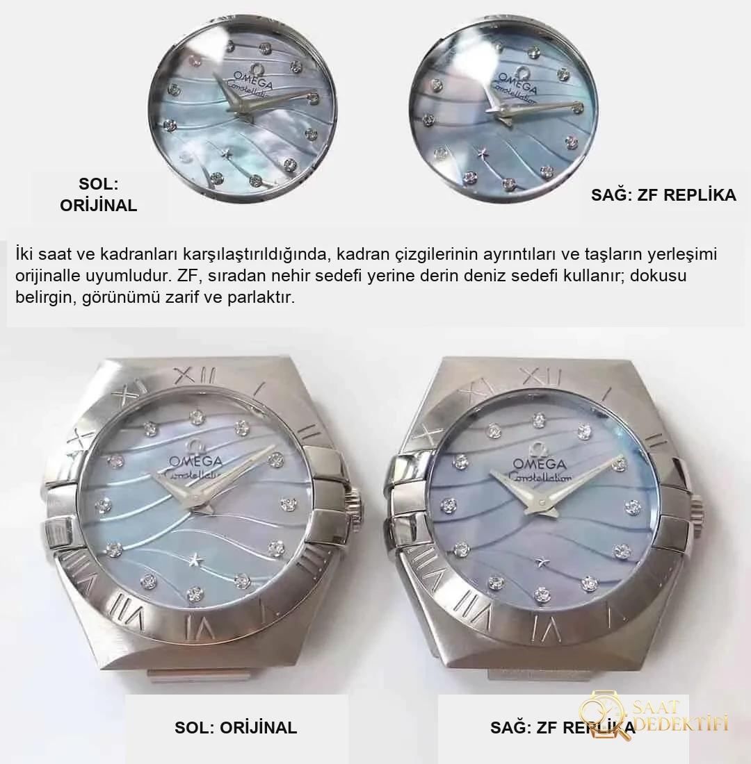 Karşılaştırmalı inceleme: ZF Factory [27 mm] OMEGA Constellation serisi 123.10.27.60.57.001 kadın çelik bilezikli kol saati - Kadran Detayı ve Bezel İşçiliği