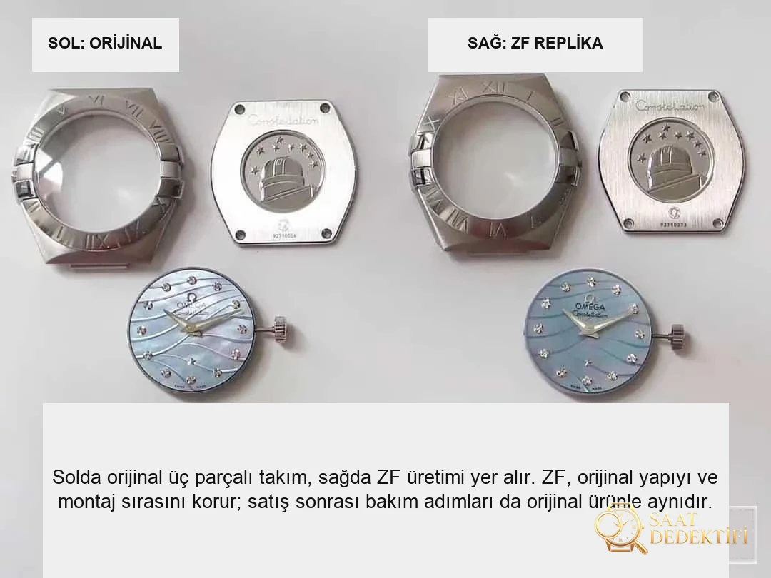 Karşılaştırmalı inceleme: ZF Factory [27 mm] OMEGA Constellation serisi 123.10.27.60.57.001 kadın çelik bilezikli kol saati - Klips Kilidi ve Lazer Damgalar
