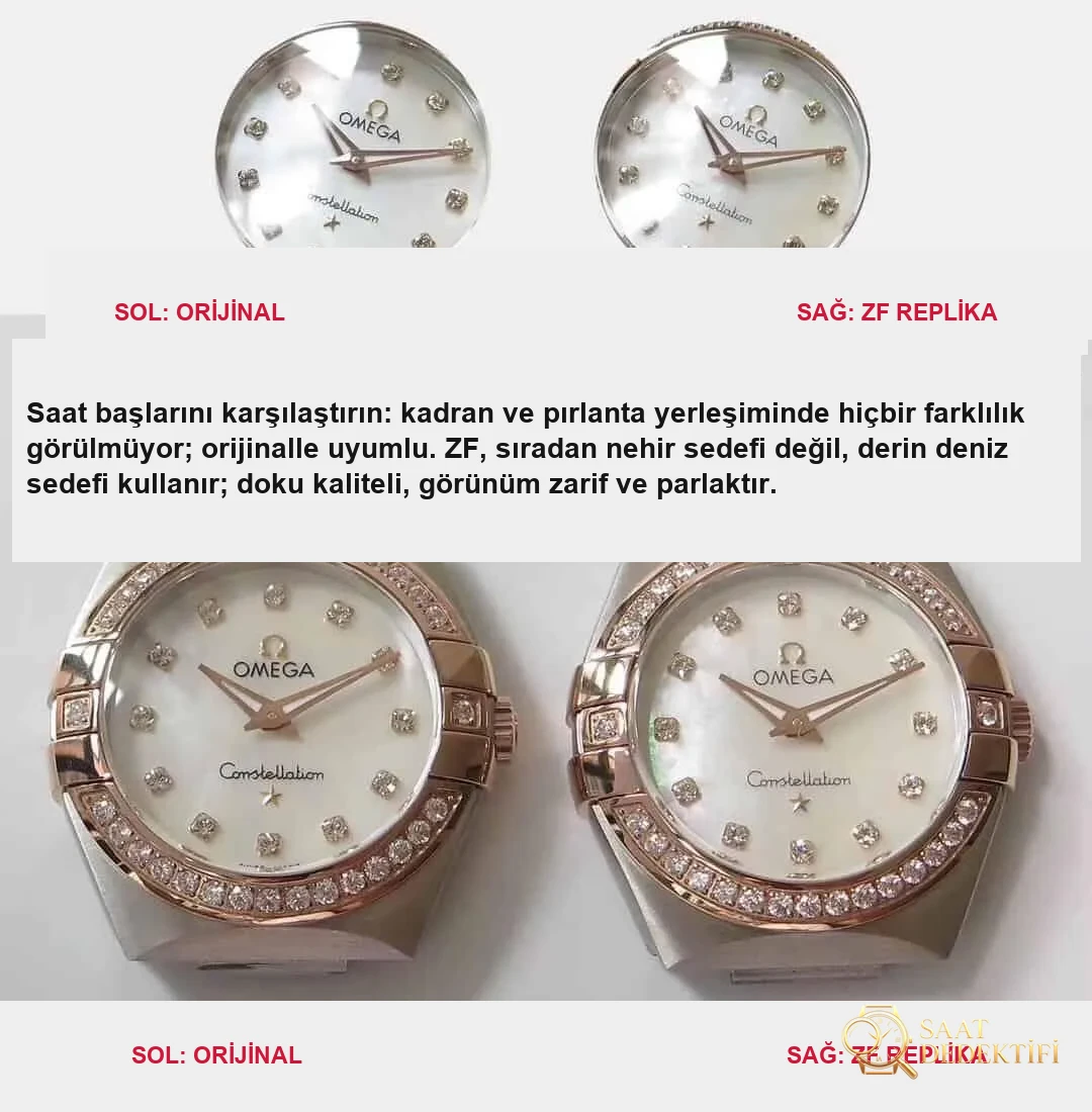 Karşılaştırmalı inceleme: ZF Factory [27 mm] OMEGA Constellation Serisi 123.25.27.20.55.003 Kadın Çelik Bilezik Kol Saati - Kadran Detayı ve Bezel İşçiliği