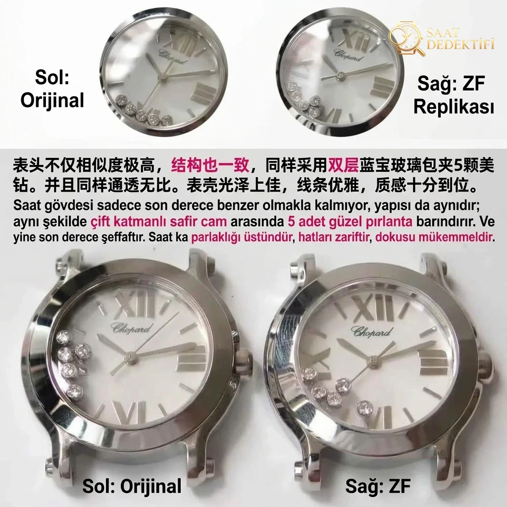 Karşılaştırmalı inceleme: ZF Factory Chopard Happy Diamonds serisi 278509-3001 kol saati - Kadran Detayı ve Bezel İşçiliği