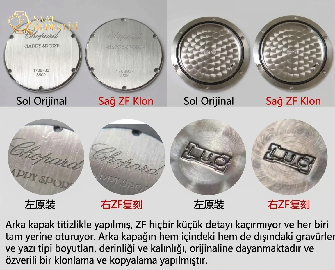 Karşılaştırmalı inceleme: ZF Factory Chopard Happy Diamonds serisi 278509-3001 kol saati - Klips Kilidi ve Lazer Damgalar