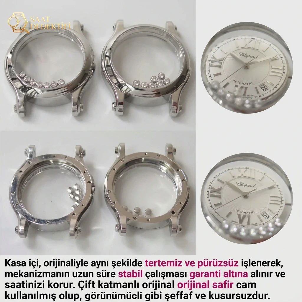 Karşılaştırmalı inceleme: ZF Factory Chopard Happy Diamonds serisi 278559-3001 kadın deri kayışlı kol saati - Arka Kapak ve Mekanizma Detayı