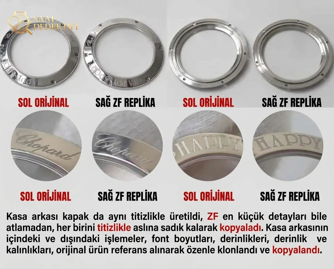 Karşılaştırmalı inceleme: ZF Factory Chopard Happy Diamonds serisi 278559-3001 kadın deri kayışlı kol saati - Makro Kadran ve İndeks İşçiliği