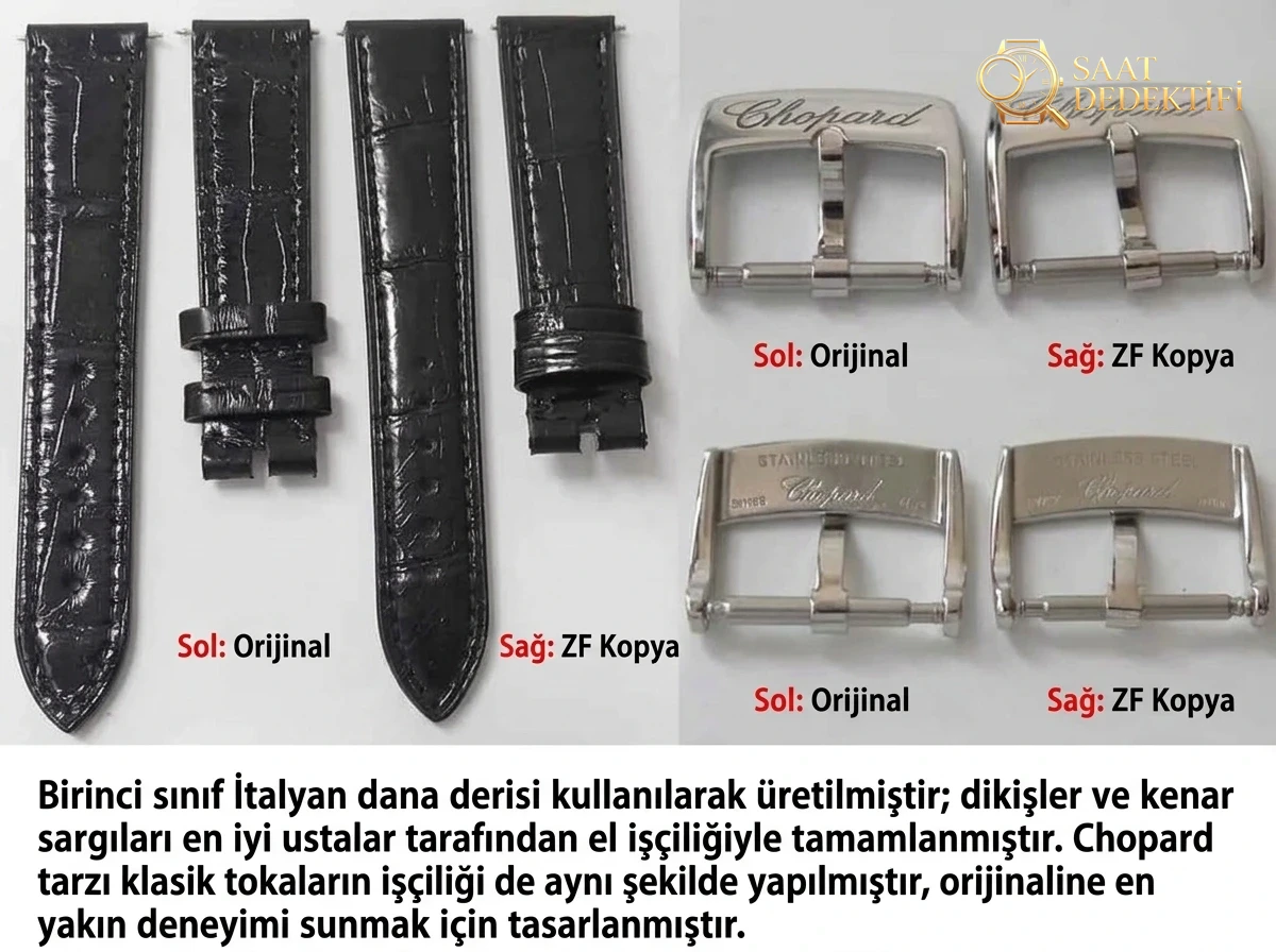 Karşılaştırmalı inceleme: ZF Factory Chopard Happy Diamonds serisi 278559-3001 kadın deri kayışlı kol saati - Klips Kilidi ve Lazer Damgalar