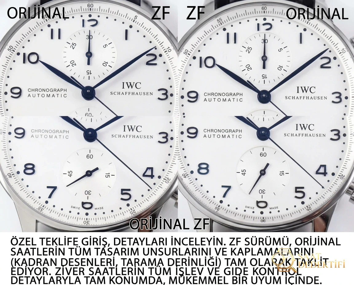 Karşılaştırmalı inceleme: ZF Factory IWC Portugieser Kronograf serisi IW371446 otomatik mekanik klasik kol saati (mavi akrep ve yelkovanlı Portugieser kronograf) - Kadran Detayı ve Bezel İşçiliği