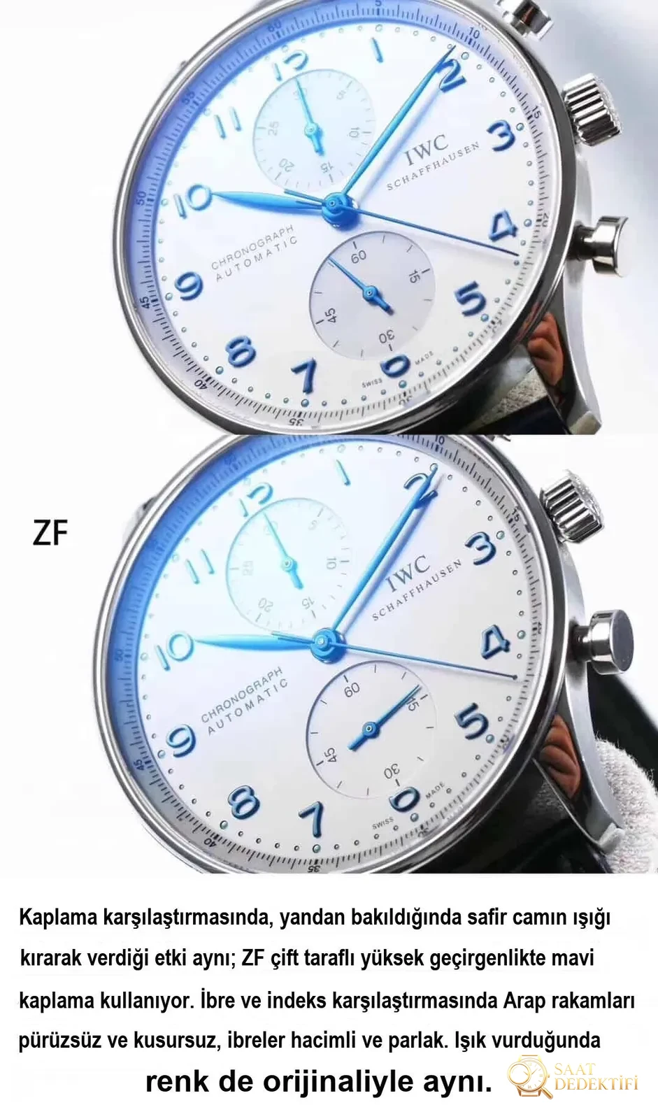 Karşılaştırmalı inceleme: ZF Factory IWC Portugieser Kronograf serisi IW371446 otomatik mekanik klasik kol saati (mavi akrep ve yelkovanlı Portugieser kronograf) - Kasa Profili ve Kurma Kolu İncelemesi