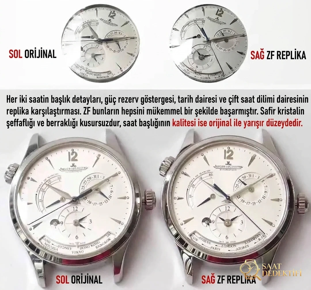 Karşılaştırmalı inceleme: ZF Factory JL Jaeger-LeCoultre Master Geographic serisi Q1428421 klasik deri kayışlı erkek kol saati - Kadran Detayı ve Bezel İşçiliği
