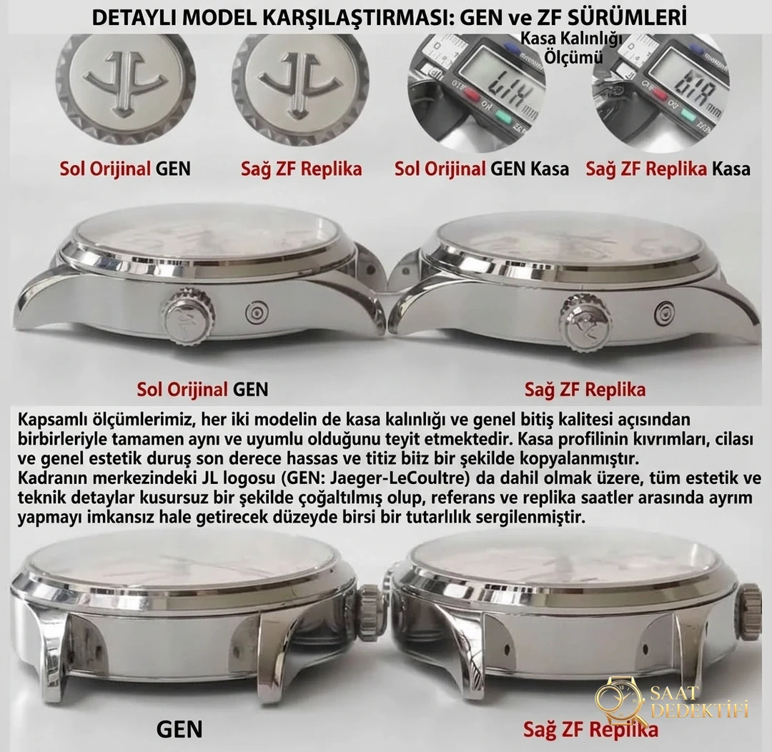 Karşılaştırmalı inceleme: ZF Factory JL Jaeger-LeCoultre Master Geographic serisi Q1428421 klasik deri kayışlı erkek kol saati - Kasa Profili ve Kurma Kolu İncelemesi