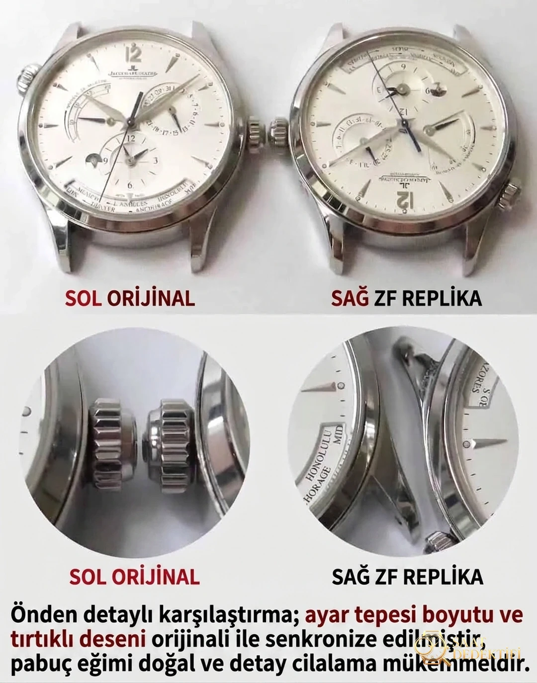 Karşılaştırmalı inceleme: ZF Factory JL Jaeger-LeCoultre Master Geographic serisi Q1428421 klasik deri kayışlı erkek kol saati - Makro Kadran ve İndeks İşçiliği