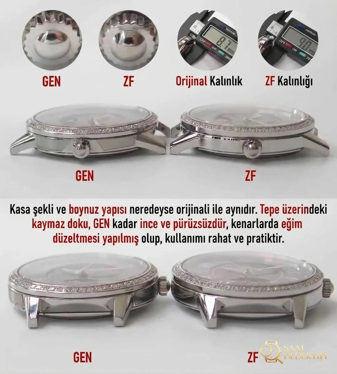 Karşılaştırmalı inceleme: ZF Factory [Kadın] Jaeger-LeCoultre Rendez-Vous serisi 3468480 deri kayışlı klasik saat - Kasa Profili ve Kurma Kolu İncelemesi