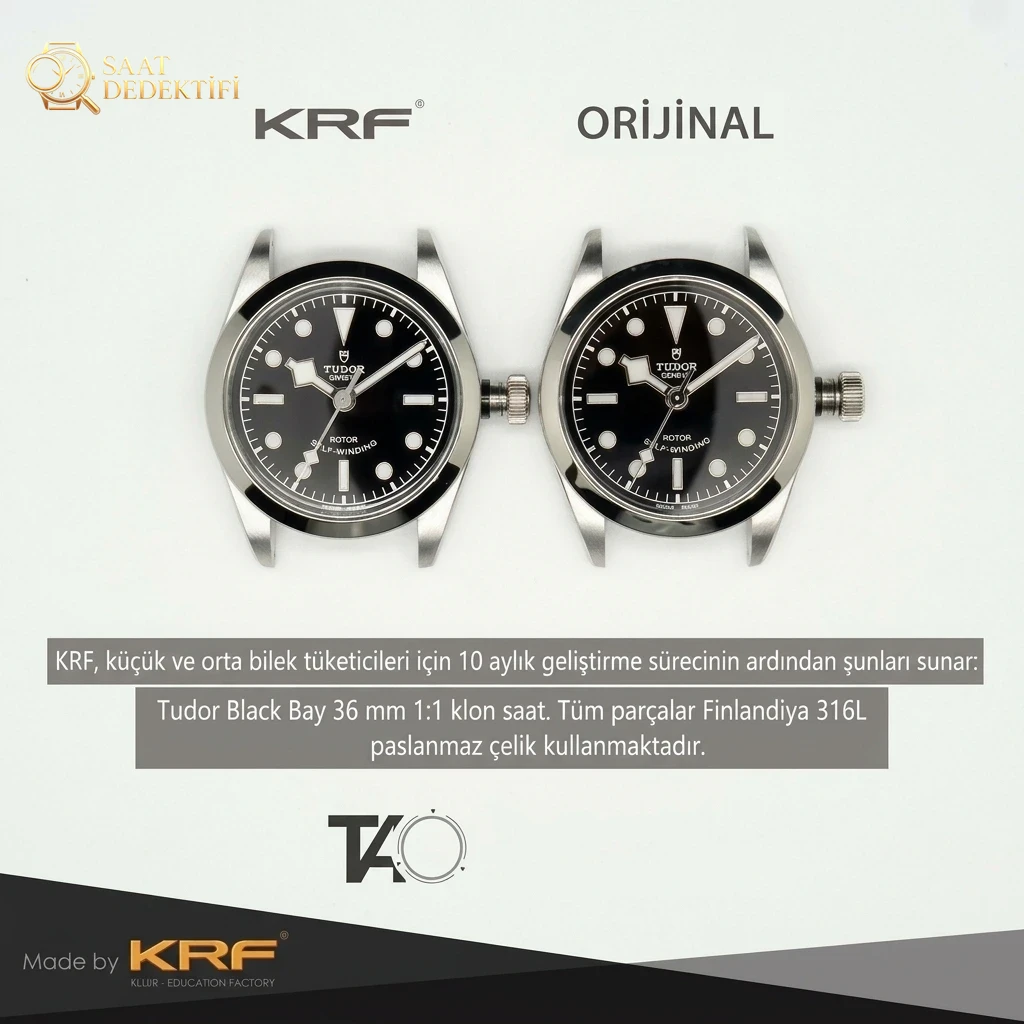 KRF Factory Replika Tudor Black Bay M79500 uniseks 36 mm saat gerçek-replika karşılaştırması ve orijinal incelemesi - Makro Kadran ve İndeks İşçiliği