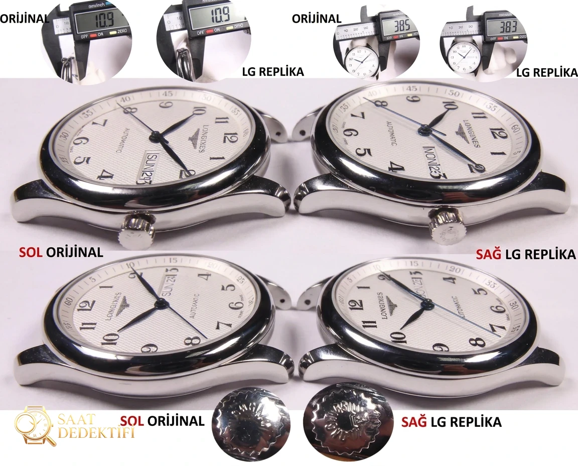 LG Factory Longines Master Collection çift takvim versiyonu Traditional serisi L2.755.4.78.6 saatinin orijinaliyle karşılaştırmalı incelemesi - Klips Kilidi ve Lazer Damgalar