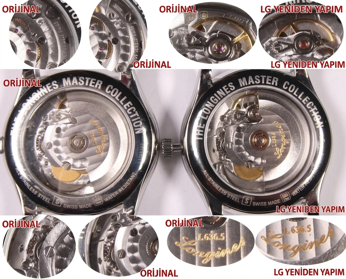 LG Factory Longines Master Collection çift takvim versiyonu Traditional serisi L2.755.4.78.6 saatinin orijinaliyle karşılaştırmalı incelemesi - Mekanizma Zemberek ve Balans Detayı