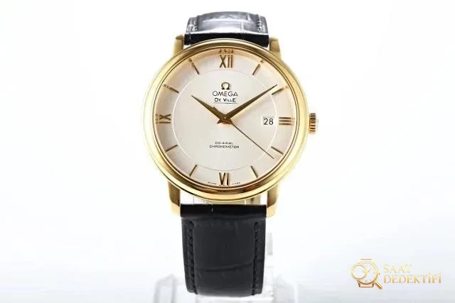Replika Omega De Ville Sarı Altın Siyah Deri
