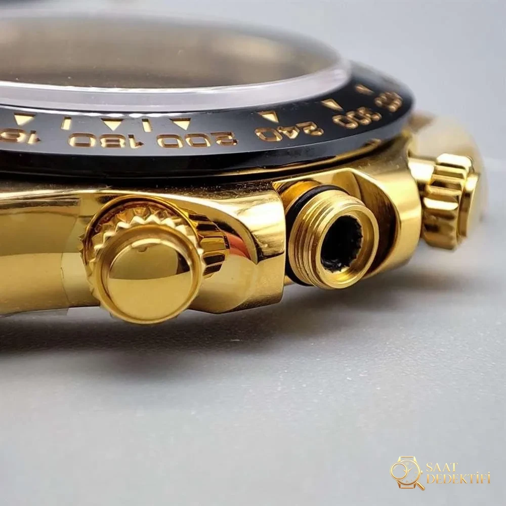N Factory Rolex Daytona «4130» Edison Chen model altın Daytona parça inceleme - Kasa Profili ve Kurma Kolu İncelemesi