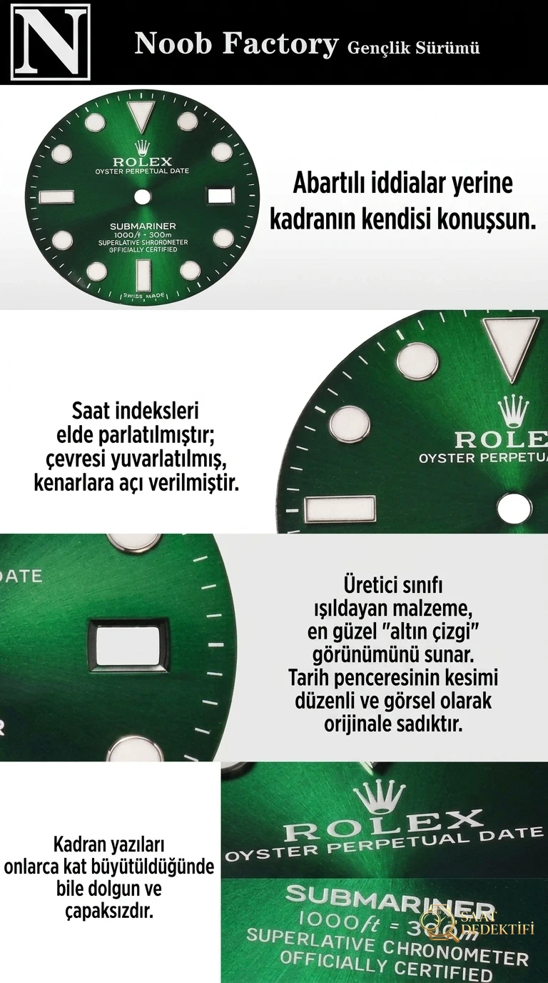 Karşılaştırmalı inceleme: N Factory Genç Sürüm Rolex Submariner serisi 116610LV-97200 yeşil kadran kol saati (Yeşil Su Hayaleti) - Fosfor ve Super-LumiNova Gece Görünümü