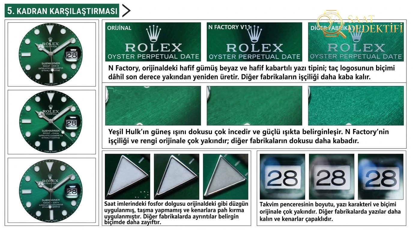 Karşılaştırmalı İnceleme: N Factory V11 Versiyonu Rolex Submariner Yeşil Su Hayaleti Serisi 116610LV-97200 Yeşil Kadranlı Dalış Saati - Kadran Detayı ve Bezel İşçiliği