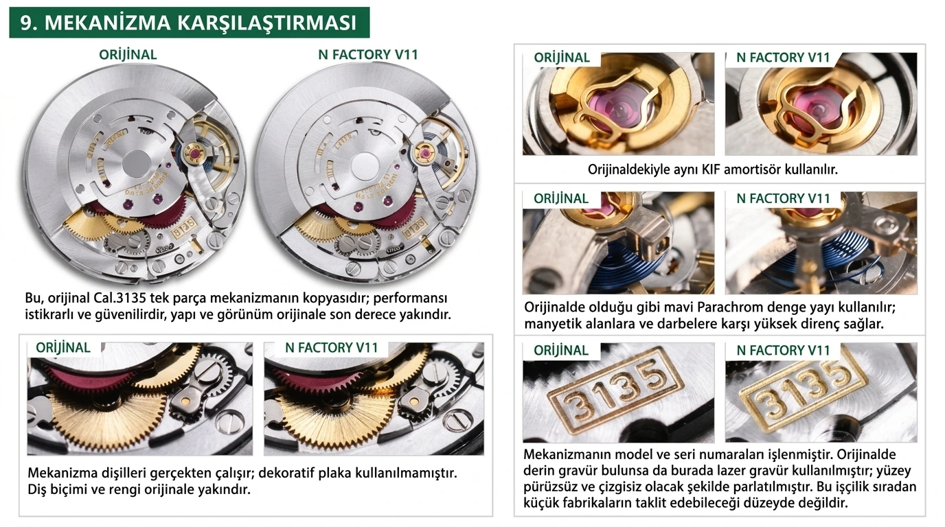 Karşılaştırmalı İnceleme: N Factory V11 Versiyonu Rolex Submariner Yeşil Su Hayaleti Serisi 116610LV-97200 Yeşil Kadranlı Dalış Saati - Arka Kapak ve Mekanizma Detayı