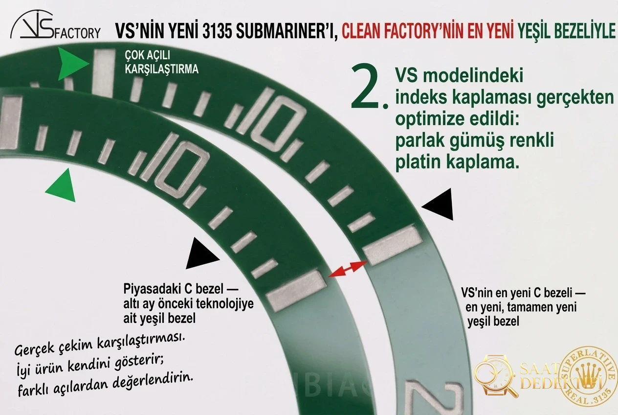 N Factory V11 versiyonu, VS Factory ve ZZ Factory V3 versiyonu yeşil su hayaleti inceleme karşılaştırması - Kadran Detayı ve Bezel İşçiliği
