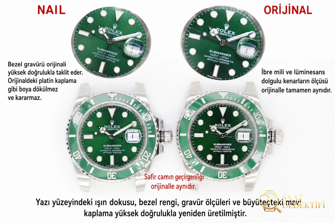 NAIL Factory Rolex yeşil su hayaleti replika saat almaya değer mi? Replika NAIL Factory Rolex yeşil su hayaleti nasıl? - Kadran Detayı ve Bezel İşçiliği