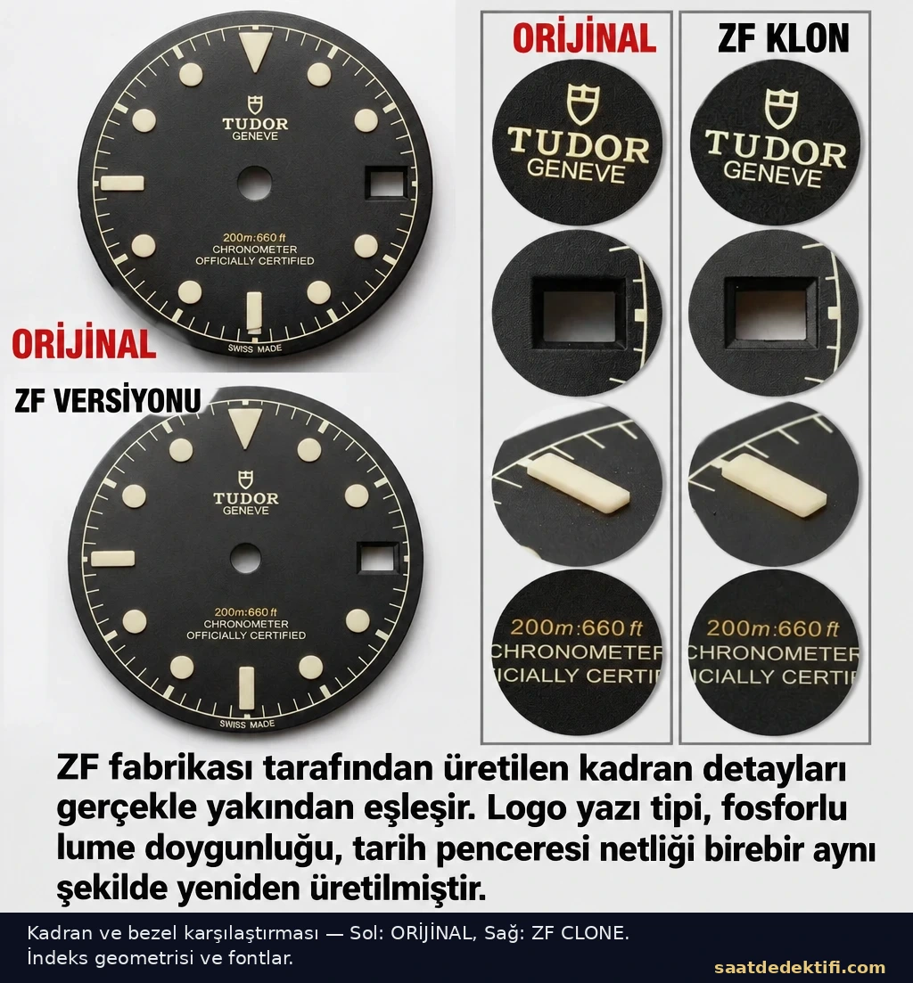 Orijinal Tudor ve ZF Factory kadran ile bezel karşılaştırması