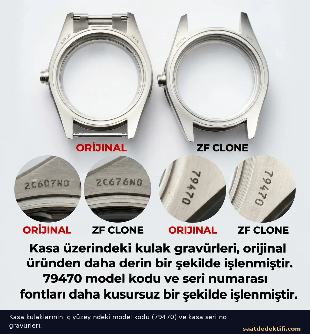 Kasa kulaklarının iç yüzeyindeki 79470 model kodu ve seri numarası gravürleri