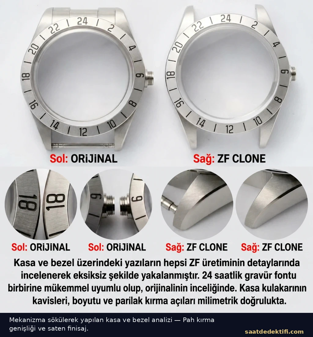 Mekanizma sökülmüş kasa ve bezel analizi, pah kırma genişliği karşılaştırması