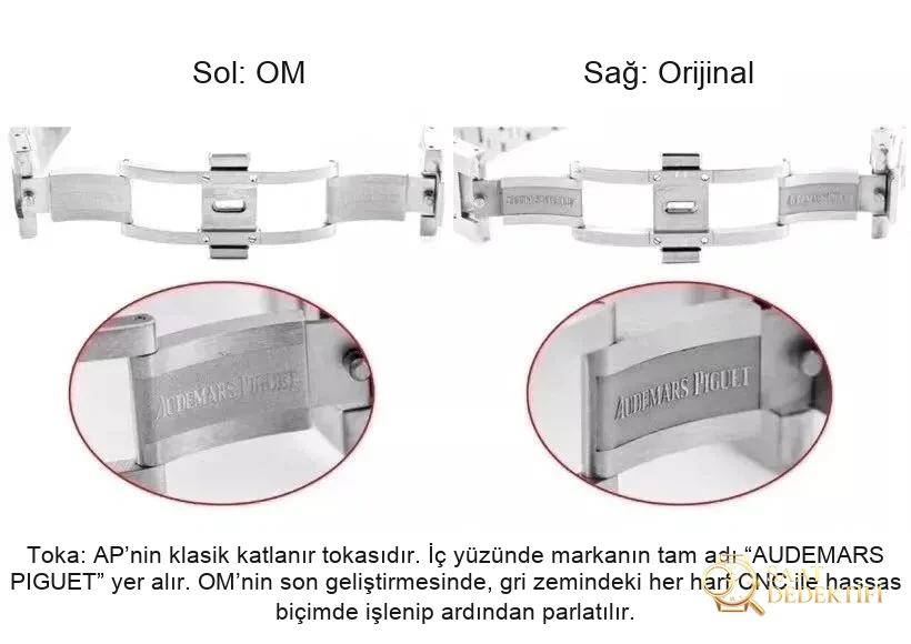 OM Factory Audemars Piguet Royal Oak Offshore Chronograph 26331ST replika saat: gerçek-replika karşılaştırması ve orijinal inceleme - Bilezik Bakla Ayrımı ve Pim Yapısı