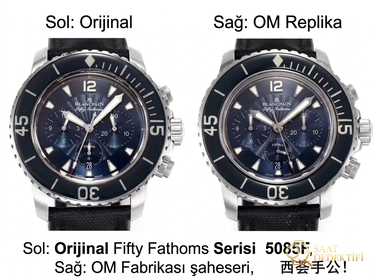 OM Factory Blancpain Fifty Fathoms 50 Fathoms kronograf serisi kol saati - dalış saatlerinin atası, gerçek-replika karşılaştırmalı inceleme - Kasa Profili ve Kurma Kolu İncelemesi